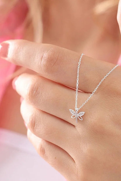 Silver Dragonfly Necklace with White Zircon Stone