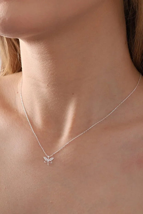 Silver Dragonfly Necklace with White Zircon Stone
