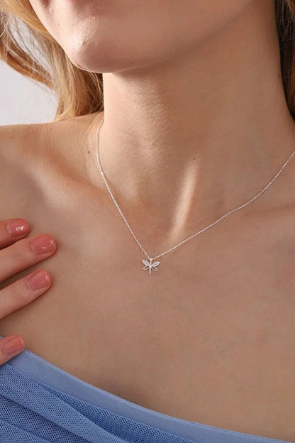 Silver Dragonfly Necklace with White Zircon Stone